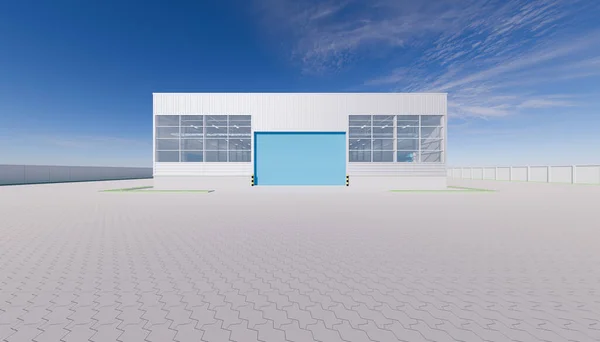 Representación Hangar Edificio Exterior Obturador Puerta Pavimentadora Piso Ladrillo — Foto de Stock