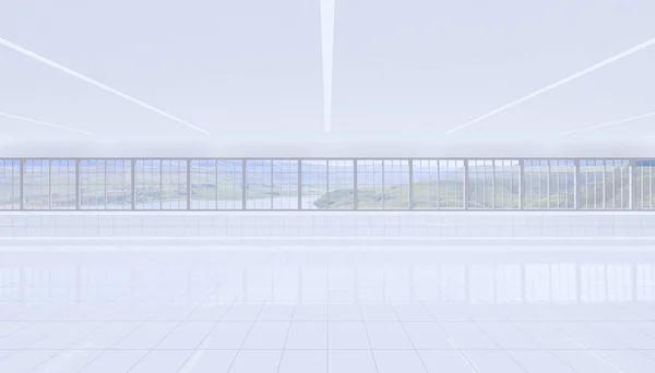 3d rendering of empty room and white tile floor.