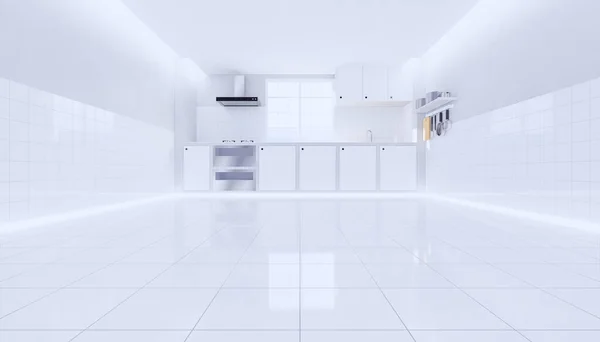 Renderowania Kuchni Białe Podłogi Płytek Czyste Nowe Powierzchnie — Zdjęcie stockowe