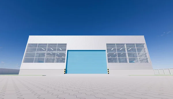 Renderowania Budynku Hangar Zewnątrz Drzwi Żaluzji Brukarz Podłogi Cegły — Zdjęcie stockowe