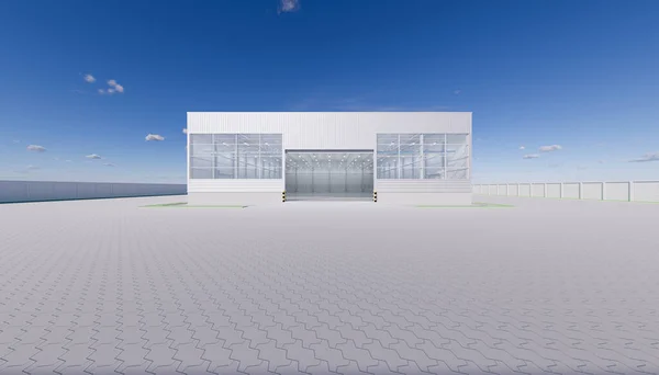 Rendering Des Hangargebäudes Außen Und Offene Rollladentür Und Pflastersteinboden — Stockfoto