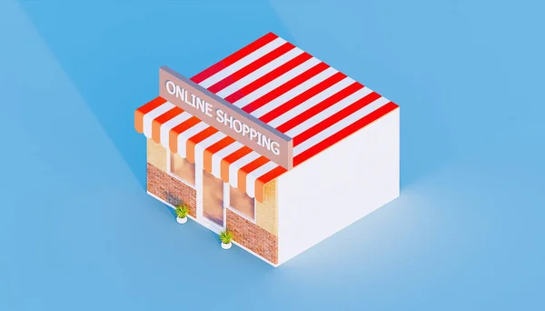 Rendering Von Online Shopping Shop Auf Blauem Hintergrund — Stockfoto