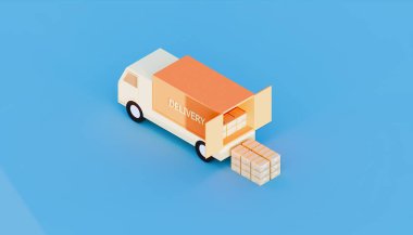 Mavi arka planda 3D kargo konteynırı ve kamyon tasarımı.