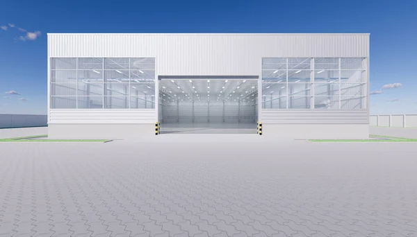 Representación Hangar Edificio Exterior Puerta Persiana Abierta Pavimentadora Piso Ladrillo — Foto de Stock