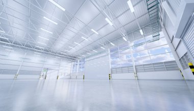 3D boş hangar ve beton zemin ve kepenk kapısı, temiz ve yeni durumda..