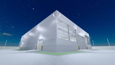 3D dış taraftaki hangar inşaatı ve gece yarısı kapı ve kaldırım tuğlası döşemesi..