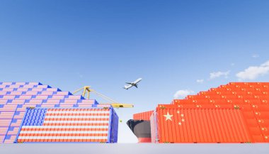 Çin ve bizim aramızda 3D kargo konteynırı ve ticari savaş konsepti tasarımı.