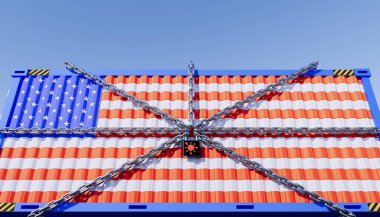 ABD ticaret ve ticari tecrit kavramının 3D tasarımı ve kargo konteynırı.