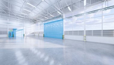3D boş hangar ve beton zemin ve kepenk kapısı, temiz ve yeni durumda..