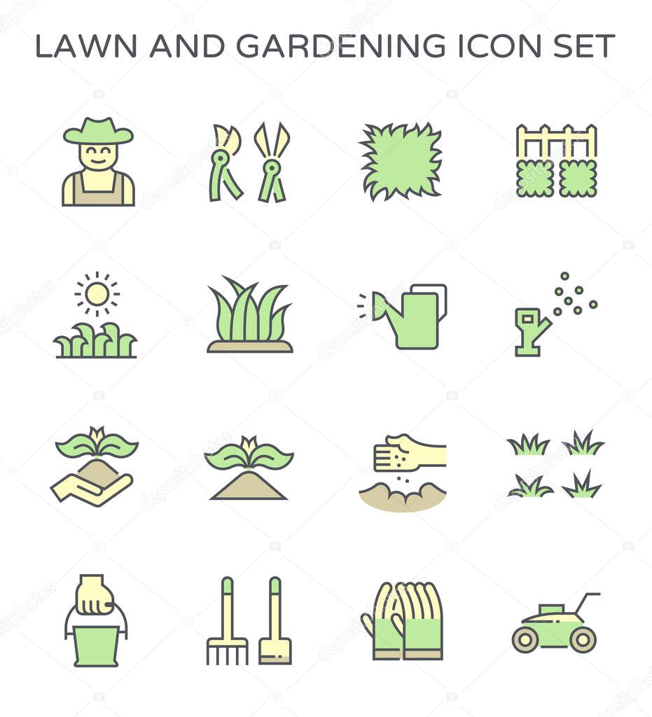 Lawn gardening plant tools and worker vector icon set design.