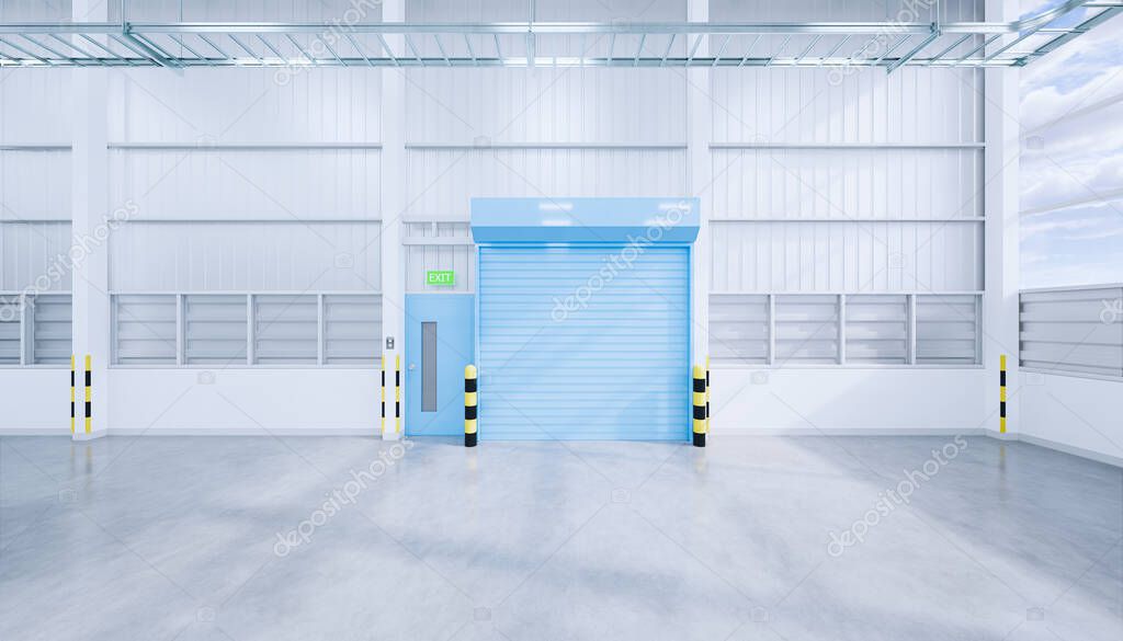3d rendering of empty hangar and concrete floor and shutter door, clean and new condition.