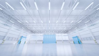3D boş hangar ve beton zemin ve kepenk kapısı, temiz ve yeni durumda..