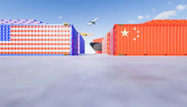 3d rendering of cargo container and   trade war concept design between china and us.