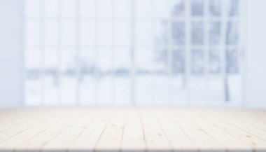 3 boyutlu ahşap tezgah ürün görüntüleme ve bulanık pencere ve kar arka planda kullanım.