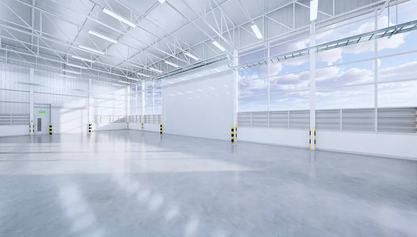 3d rendering of empty hangar and concrete floor and shutter door, clean and new condition.