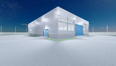 3D dış taraftaki hangar inşaatı ve gece yarısı kapı ve kaldırım tuğlası döşemesi..