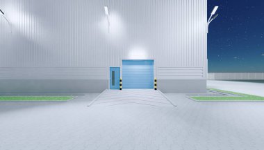 3D dış taraftaki hangar inşaatı ve gece yarısı kapı ve kaldırım tuğlası döşemesi..