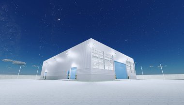 3D dış taraftaki hangar inşaatı ve gece yarısı kapı ve kaldırım tuğlası döşemesi..