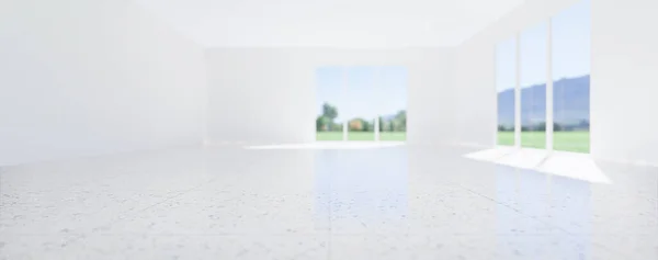 Rendering Tomme Rum Granit Gulv Skinnende Refleksion Med Klar Glasdør - Stock-foto