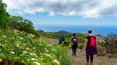 El Hierro adasının güzel bir manzarasında yürüyen yürüyüşçüler..