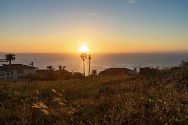 Tenerife 'den gün batımı. Ufukta Atlantik Okyanusu var. Önünde iki hurma ağacı ve iki ev var..