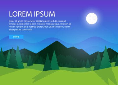 Yeşil orman. Gece silueti. Köknar ağaçları ve çam ağaçları olan bir orman. Aylı mavi gökyüzü. Basit modern tasarım. Pankart ya da poster şablonu. Mesaj için yer. Düz biçim vektör illüstrasyonu.