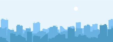 Şehrin silueti. Şehir manzarası geçmişi. Basit mavi doku. Şehir manzarası. Pankart ya da şablon için. Katmanlı modern şehir. Düz biçim vektör illüstrasyonu.