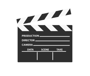 Gerçekçi film alkış işareti. Beyaz arkaplanda basit bir simge veya logo izole edilmiş. Düz biçim vektör illüstrasyonu.