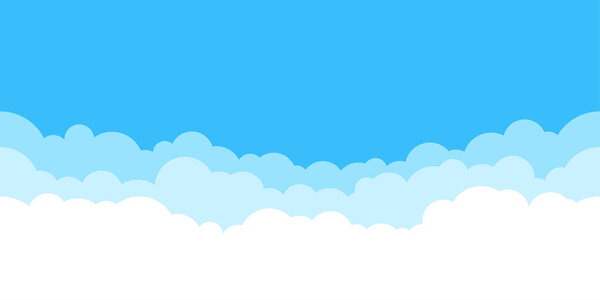Blue sky with white clouds background. Border of clouds. Simple cartoon design. Flat style vector illustration.