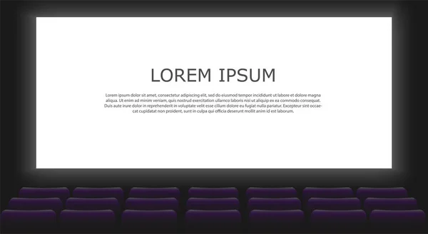 Movie cinema premiere poster design with screen and auditorium. Rows of cinema or theater seats with people looking at the screen. Dark hall background. Flat design realistic vector illustration.