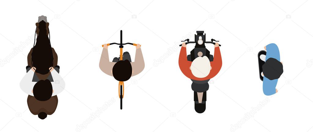 Top view of people set isolated on a white background. Men riding a horse, a motorcycle, a bicycle, a skate. View from above. Male characters. Simple cartoon design. Flat style vector illustration.