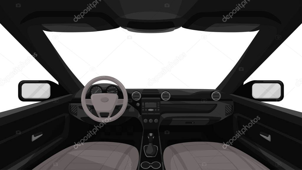 Car salon. View from inside of vehicle. Dashboard front panel. Driver view. Simple cartoon design. Realistic car interior. Flat style vector illustration.