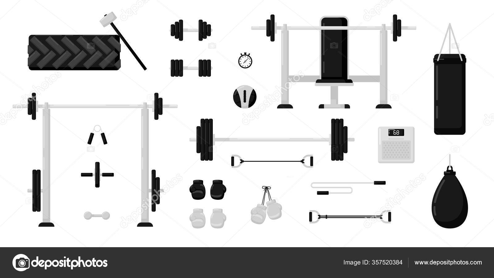 Gym Fitness Equipment Set Isolated White Background Black White