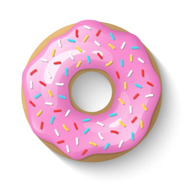 Çörek beyaz arka planda izole edilmiş. Şirin, renkli ve parlak donutlar pembe jöleli ve çok renkli toz. Basit modern tasarım. Gerçekçi vektör illüstrasyonu.