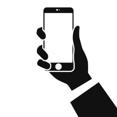 Beyaz arka planda izole edilmiş akıllı telefon. Elinde telefon tutan bir adam. Gerçekçi şablon. Basit tasarım çizgi film ikonu ve logosu. Düz biçim vektör illüstrasyonu.