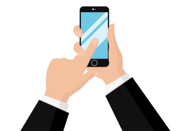 Beyaz arka planda izole edilmiş akıllı telefon. Elinde telefon tutan bir adam. Gerçekçi şablon. Basit tasarım çizgi film ikonu ve logosu. Düz biçim vektör illüstrasyonu.