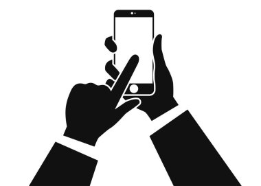 Beyaz arka planda izole edilmiş akıllı telefon. Elinde telefon tutan bir adam. Gerçekçi şablon. Basit tasarım çizgi film ikonu ve logosu. Düz biçim vektör illüstrasyonu.