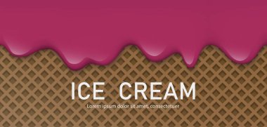 Kremalı sıvı, yoğurtlu krema, dondurma ya da süt eritip waffle 'a akan. Burgundy vişneli kremalı damlalar. Basit bir çizgi film tasarımı. Afiş ya da poster için arka plan. Gerçekçi vektör illüstrasyonu.