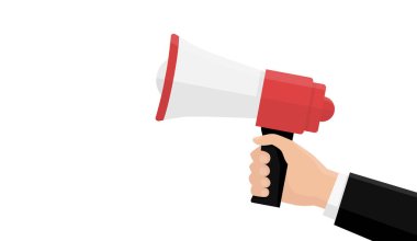 Beyaz arka planda izole edilmiş megafonla. Şablon arka plan konsepti. Çizgi film basit tasarım ikonu ve logosu. Sosyal medya pazarlama kavramı. Mesaj için yer. Düz biçim vektör illüstrasyonu.