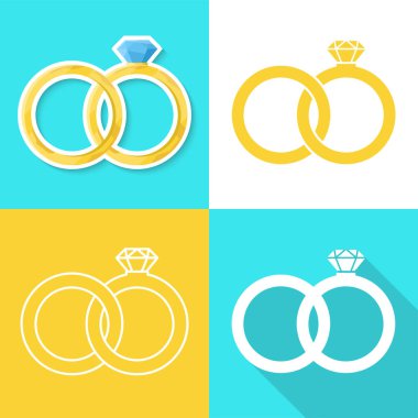 Evlilik yüzüğü mavi arka planda izole edilmiş. Parlak pırlantalı altın yüzük. Gerçekçi çıkartma. Basit, şirin bir tasarım. Simge ya da logo. Düz biçim vektör illüstrasyonu.