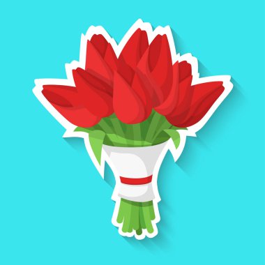 Mavi arka planda izole edilmiş bir buket lale. Bir buket kırmızı lale. Gerçekçi çıkartma. Basit, şirin bir tasarım. Simge ya da logo. Düz biçim vektör illüstrasyonu.