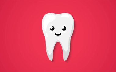 Kırmızı arka planda diş izole edilmiş. Temiz bir mutluluk ve gülümseme. Sevimli çizgi film karakteri. Diş sağlığı. Basit bir çizgi film tasarımı. Düz biçim vektör illüstrasyonu.