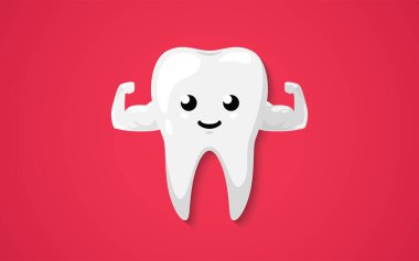 Güçlü, sağlıklı diş, kırmızı arka planda izole edilmiş. Temiz bir mutluluk ve gülümseme. Sevimli çizgi film karakteri. Diş sağlığı. Basit bir çizgi film tasarımı. Düz biçim vektör illüstrasyonu.