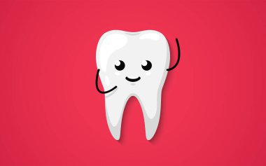 Kırmızı arka planda diş izole edilmiş. Temiz bir mutluluk ve gülümseme. Sevimli çizgi film karakteri. Diş sağlığı. Selamlaşmak için elini sallıyor. Basit bir çizgi film tasarımı. Düz biçim vektör illüstrasyonu.