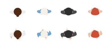 Beyaz arka planda izole edilmiş insanların üst görünümü. Erkekler ve kadınlar. Yukarıdan bak. Erkek ve kadın karakterler. Basit bir çizgi film tasarımı. Düz biçim vektör illüstrasyonu.