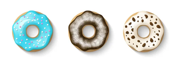 도넛은 바탕에 있었습니다 귀엽고 화려하고 광택이 도넛에는 분말이 파란색 초콜릿 — 스톡 벡터