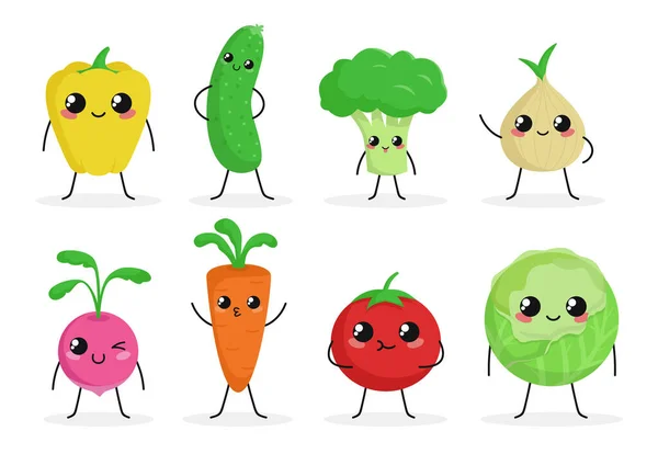 Nette Lustige Essensfiguren Isoliert Auf Weißem Hintergrund Gemüsesammlung Gesunde Ernährung — Stockvektor