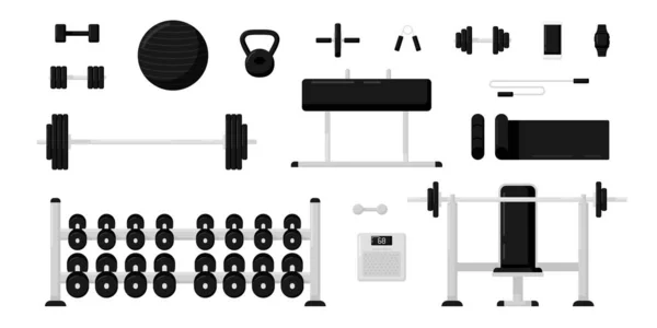 Gym Fitness Equipment Set Isolated White Background Black White Color — Stock Vector