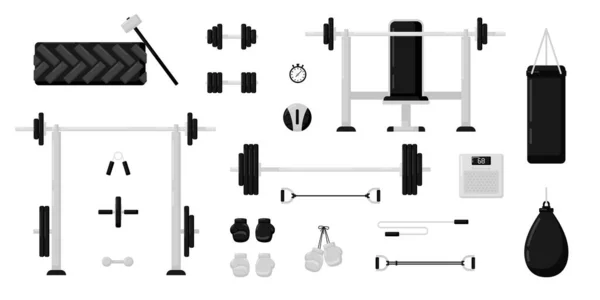 체육관의 장비는 바탕에 설치되었다 흑백이다 현대적 기구모음 귀여운 디자인 일러스트 — 스톡 벡터