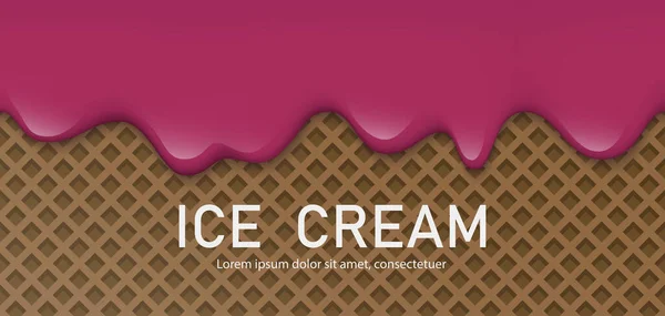 Kremalı sıvı, yoğurtlu krema, dondurma ya da süt eritip waffle 'a akan. Burgundy vişneli kremalı damlalar. Basit bir çizgi film tasarımı. Afiş ya da poster için arka plan. Gerçekçi vektör illüstrasyonu.